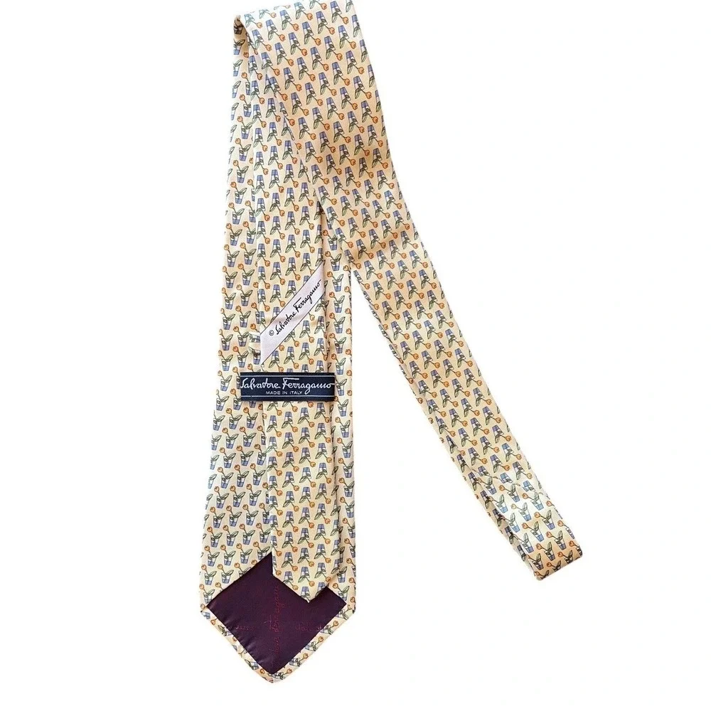 Salvatore Ferragamo Men Silk Tie Yellow Orange Potted Tulip Flower Made in Italy